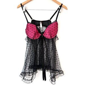 Victoria’s Secret Y2K Babydoll Black and Pink Mesh Sheer Bustier Nightie Sz 36C